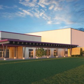 A digital design rendering of the exterior of the new Food Bank Facility.