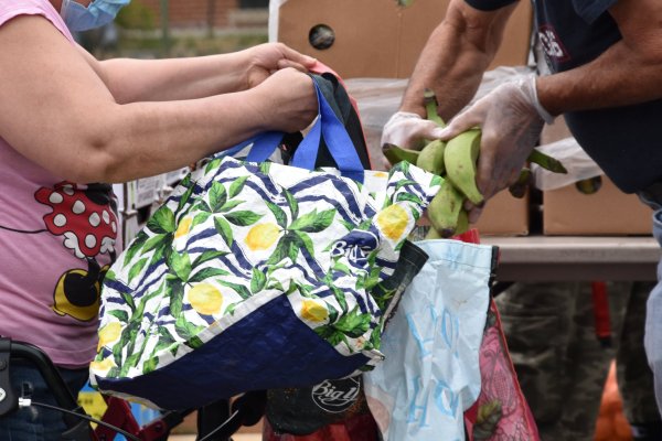 Bannanas being placed in a bag
